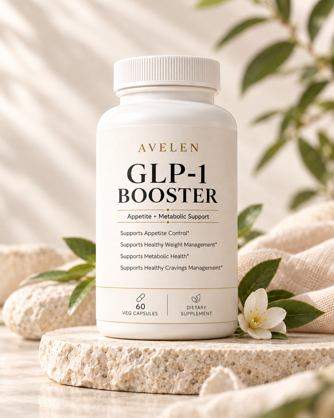 AVELEN GLP-1 Booster bottle on light stone