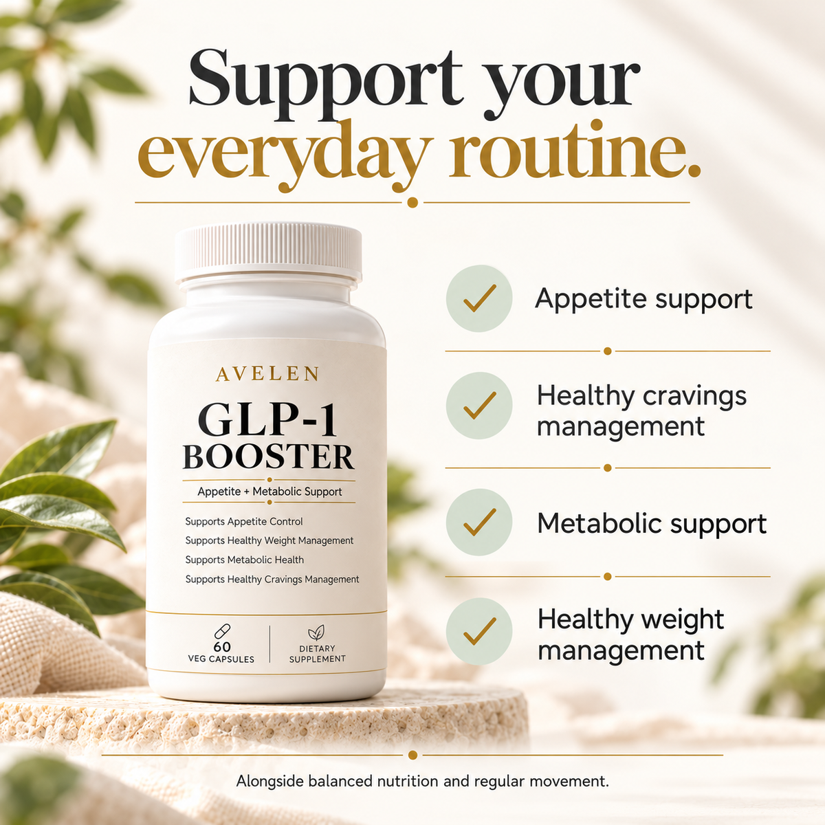 AVELEN benefits: appetite, cravings management, metabolic support and healthy weight management alongside balanced nutrition and movement