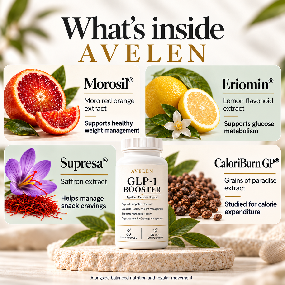 AVELEN ingredient roles: Morosil supports healthy weight management; Eriomin supports glucose metabolism; Supresa helps manage snack cravings; CaloriBurn GP is studied for calorie expenditure