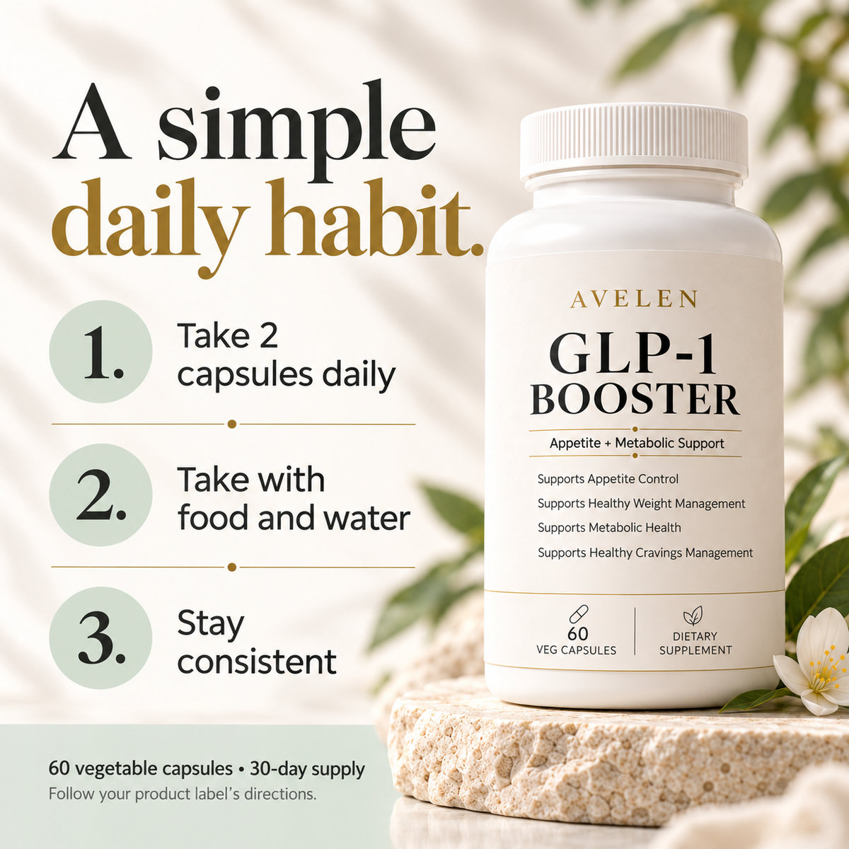 How to use AVELEN: two capsules daily with food and water; 60 vegetable capsules, 30-day supply